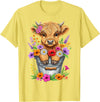 Funny Highland Cow Lovers Cute Baby Highland Cow Bucket Floral Farm T-Shirt - Lemon Yellow