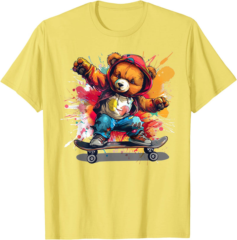 Cool Teddy with skateboard Colourful Splash with Skateboard Teddy Bear Outfit T-Shirt - Lemon Yellow