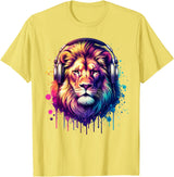Funny Animal With Headphones Lion with Headphones T-Shirt - Lemon Yellow