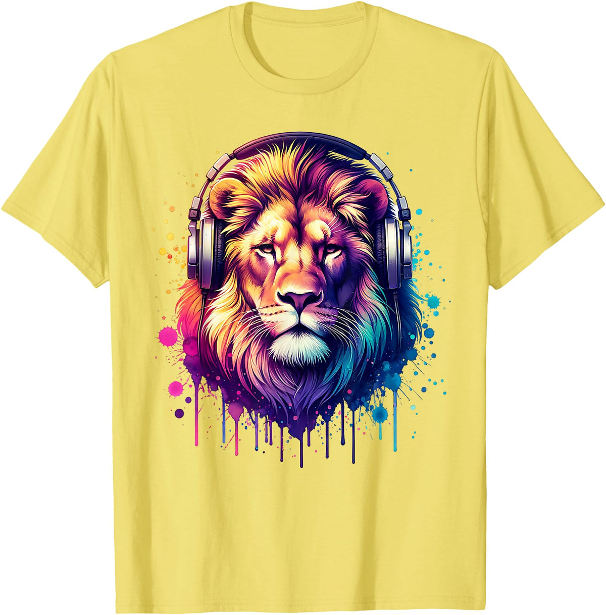 Funny Animal With Headphones Lion With Headphones T-Shirt - Lemon Yellow