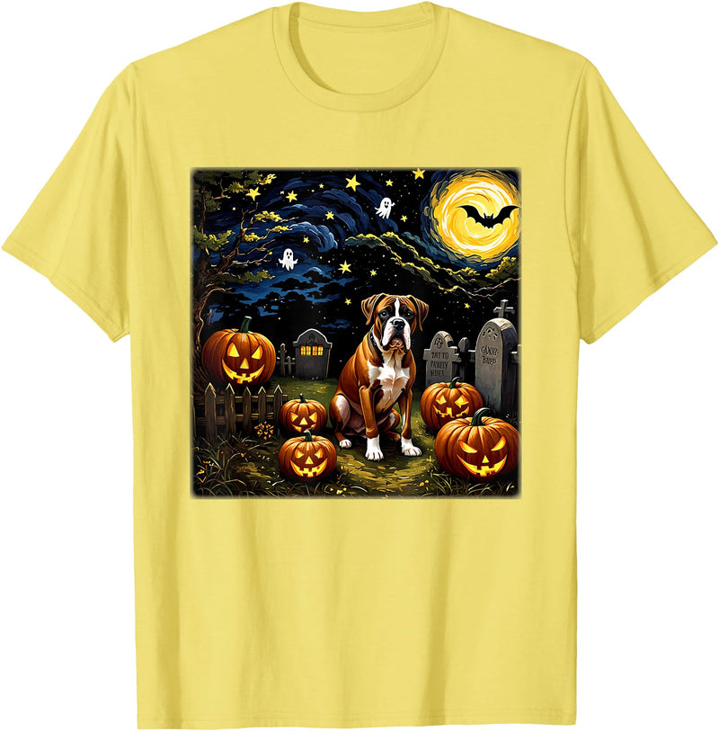 Starry Night Boxer Dog Halloween Spooky Halloween Boxer Dog Starry Night T-Shirt for Men Women Kids - Lemon Yellow