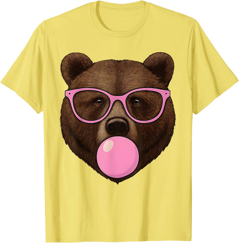 Bear Face Wearing Glasses Apparel For Women ladies Cute Bear Face Eating Gum and Makes Bubble Funny Bears Women T-Shirt - Lemon Yellow