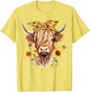 Kala Floral Highland Cow Designs Cute Scottish Highland Cow Wearing Sunflower Bandana Heifer T-Shirt - Lemon Yellow