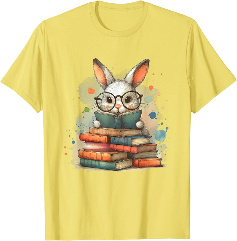 Reading Bunny with Glasses Bookworm Books Reader Unisex-Adults T-Shirt in Lemon Yellow