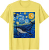 Whale Designs. Whale Fish Van Gogh Style Starry Night Sea Graphic T-Shirt - Lemon Yellow