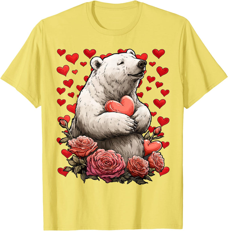 Romantic Animals Valentine’s Day Presents Cute Polar Bear with Red Roses Hearts Valentine’s Day Animal T-Shirt - Lemon Yellow