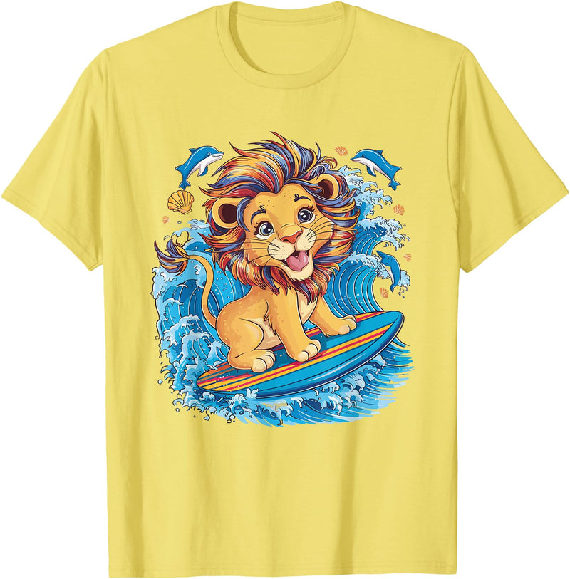 Cute Lion surfing gifts Cute Surfing Lion Riding the Waves T-Shirt - Lemon Yellow