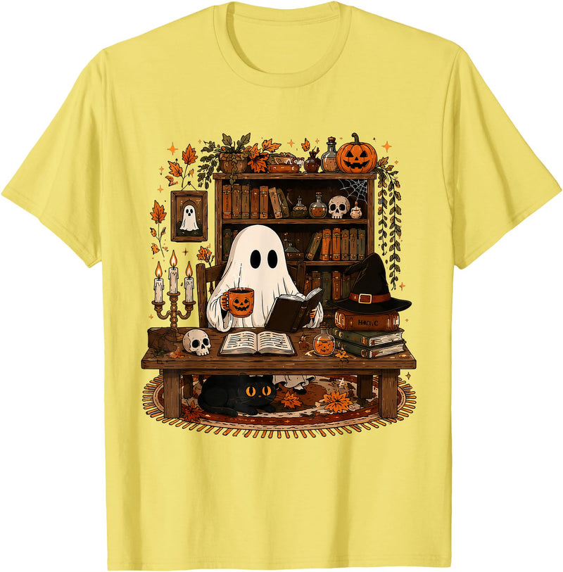 Retro Ghost Reading Funny Halloween Spooky Book Lover T-Shirt - Lemon Yellow