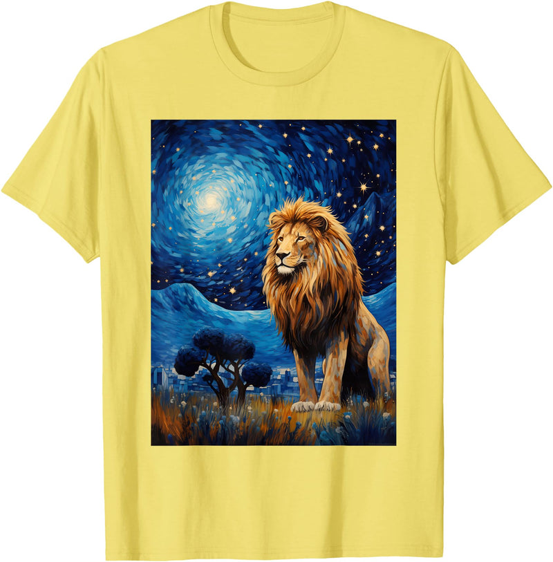 Painting Style Lion Lover Lion Starry Night Van Gogh Style Graphic T-Shirt - Lemon Yellow