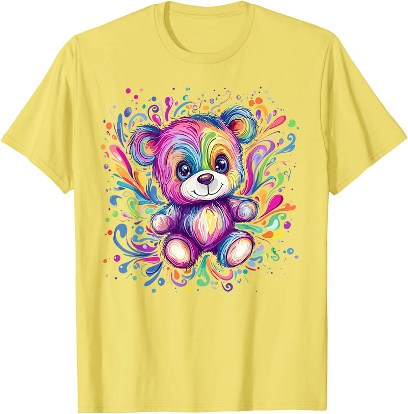 Vibrant Colorful Teddy Bear Illustration Rainbow Splash Teddy Bear T-Shirt - Lemon Yellow