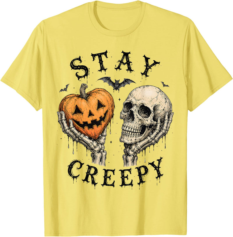 Stay Creepy Skeleton Pumpkin Halloween Horror Stay Creepy Pumpkin Skull Gothic Halloween Skeleton Humor T-Shirt - Lemon