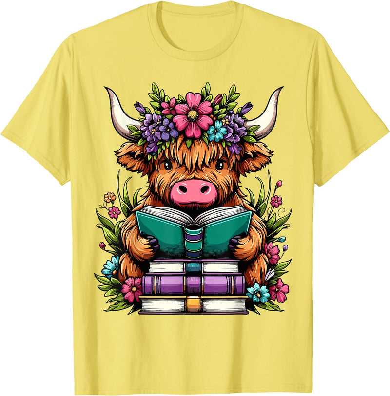 Funny Highland Cow Lover Highland Cow Book Floral Bookworm T-Shirt - Lemon Yellow