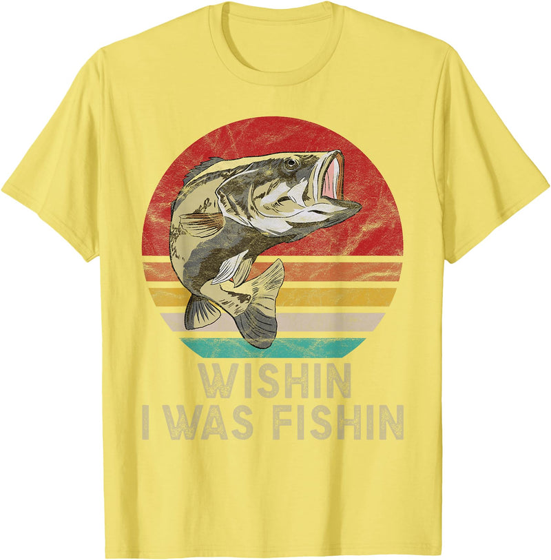 Wish I Was Fishin Vintage Fishing Wishing I Was Fishing Funny Vintage Bassfish Gift T-Shirt - Lemon Yellow