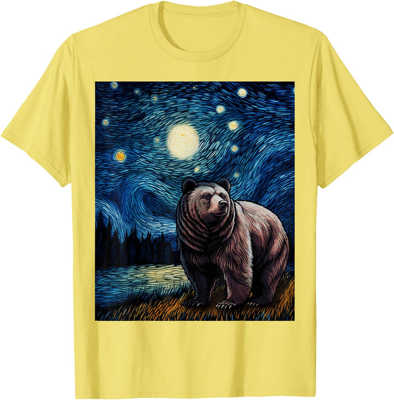 Starry Night Wildlife Graphic Grizzly Bear Van Gogh Starry Night Grizzlies Animal T-Shirt - Lemon Yellow