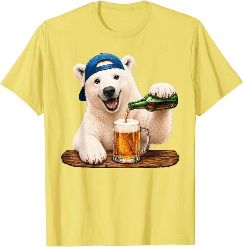 Funny Polar Bear Beer Happy Apparel Polar Bear Drinking Beer Funny Animal Meme Lovers Men Women T-Shirt - Lemon Yellow