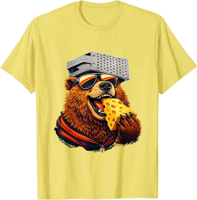 Retro Bear with Cheese for Boys Funny Animal humor Retro Bear Eating Cheese with a Grater Hat T-Shirt - Lemon Yellow