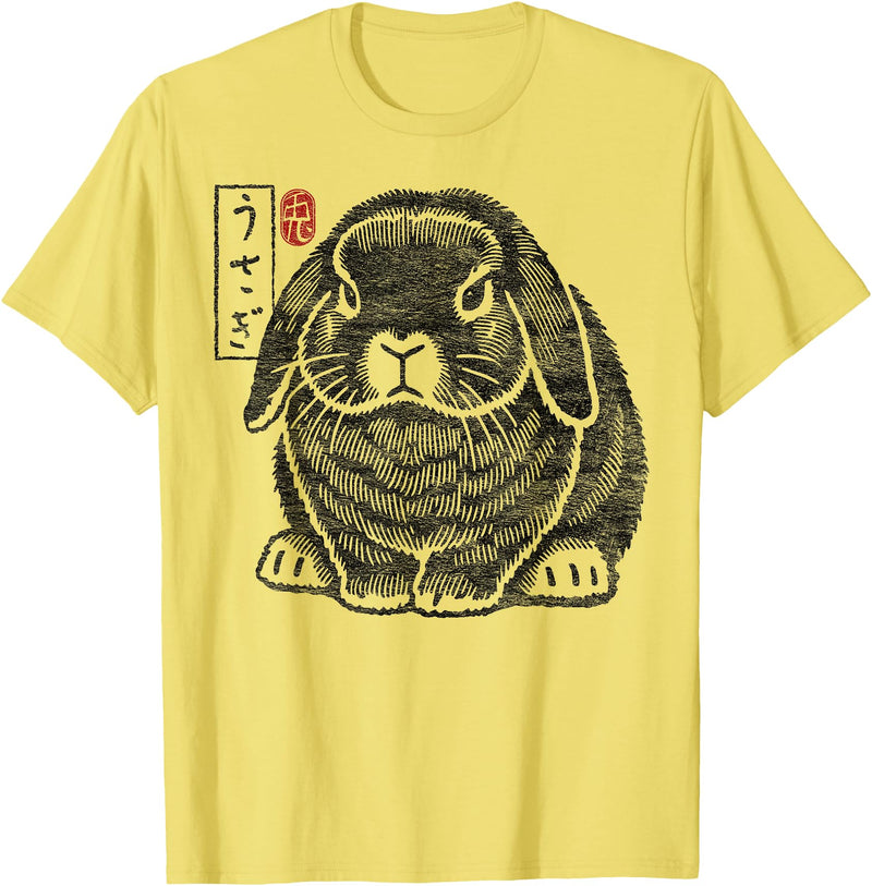 Funny Grumpy Holland Lop Rabbit Japanese Kanji for Men and T-Shirt in Lemon Yellow