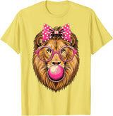 Magical and Funny Lion Gifts Lion with Bubble Gum and Pink Bow T-Shirt - Lemon Yellow