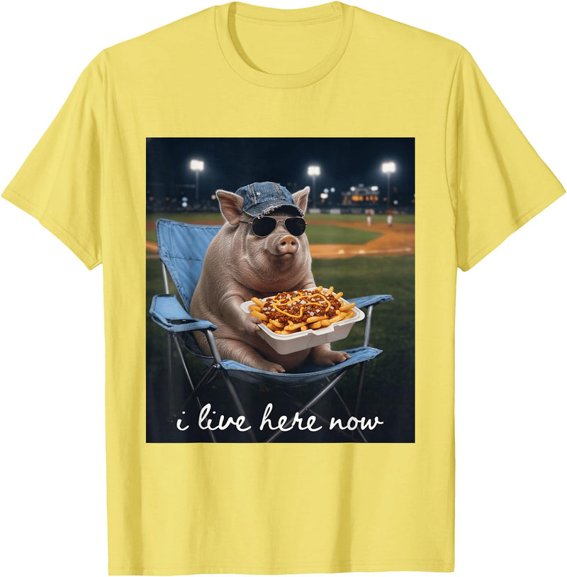 Funny Men Women Pig Baseball Outfit Funny Pig Baseball I Live Here Now T-Shirt - Lemon Yellow