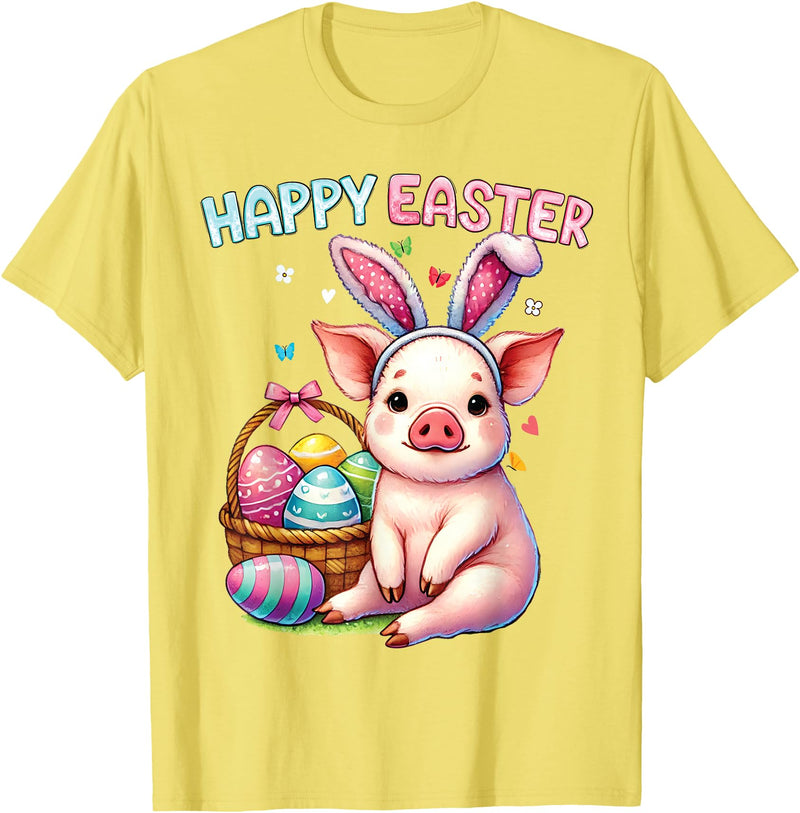 Farm Animal Lovers Cute Pig Easter Holiday Gifts Happy Easter Farm Animal Pig Lovers Bunny Women Kids Girls T-Shirt - Lemon Yellow