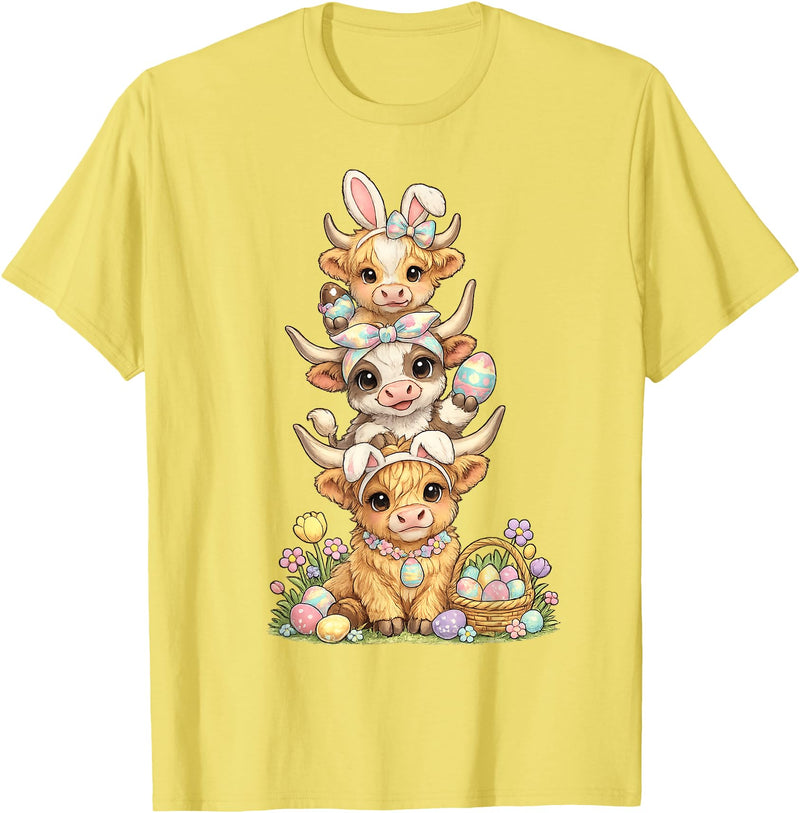 Western Easter Highland Cows Tees Western Easter Highland Cow Cute Bunny Cow Eggs Farmer Girls T-Shirt - Lemon Yellow