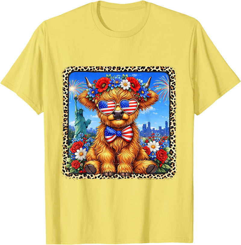 4th of July Apparel 4th of July Cow Patriotic Heart Glasses USA Floral Leopard T-Shirt - Lemon Yellow