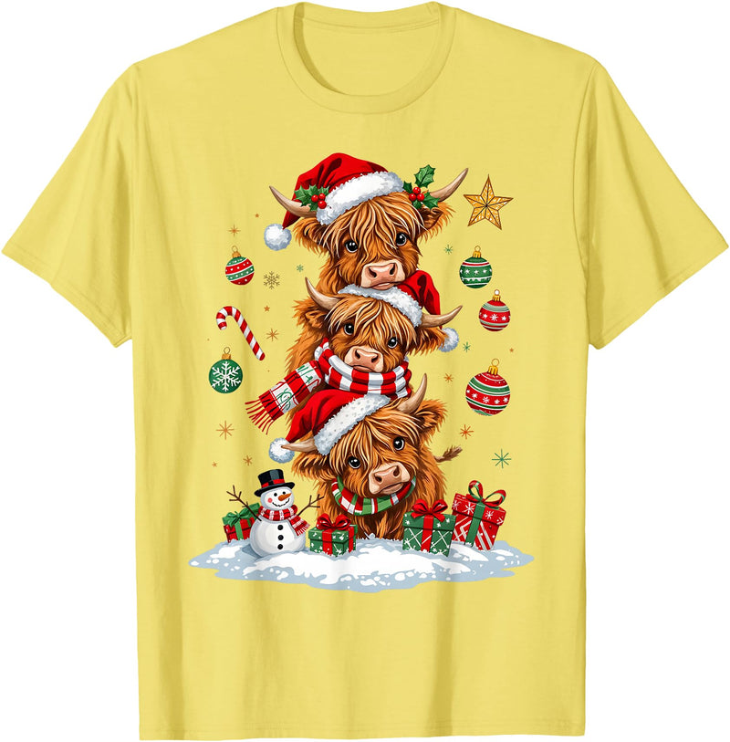 Highland Cow Christmas Winter Tree Farm Women Girl Funny Xmas Merry Moo Cows Highland Cow Christmas Snowman T-Shirt - Lemon