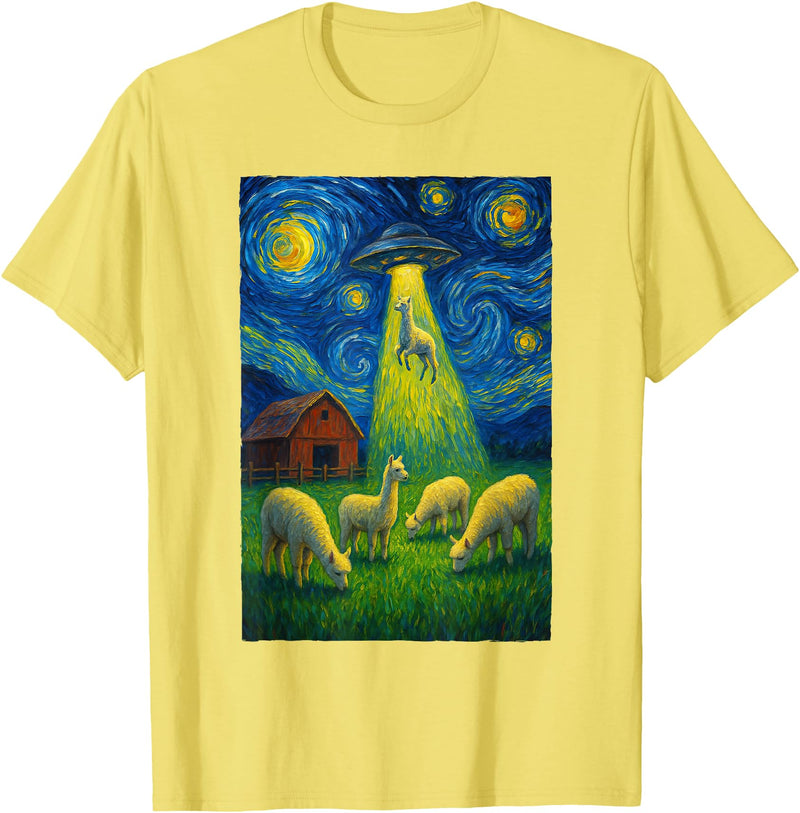 Farming UFO Llama Starry Night Painting Design Llama Alien UFO Abduction Starry Night Farmers T-Shirt - Lemon Yellow
