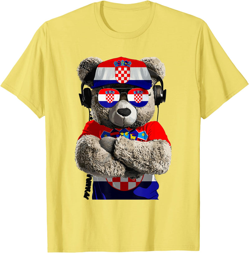 Croatia Flag Clothes Clothing for Men & Women Croatian Flag Bear Sunglasses Souvenirs Products Croatia T-Shirt - Lemon Yellow
