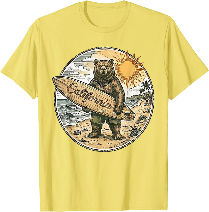 Retro Coastal Surf Bear Vintage Beach Apparel Vintage California Surf Bear Beach Retro Coastal Summer T-Shirt - Lemon Yellow
