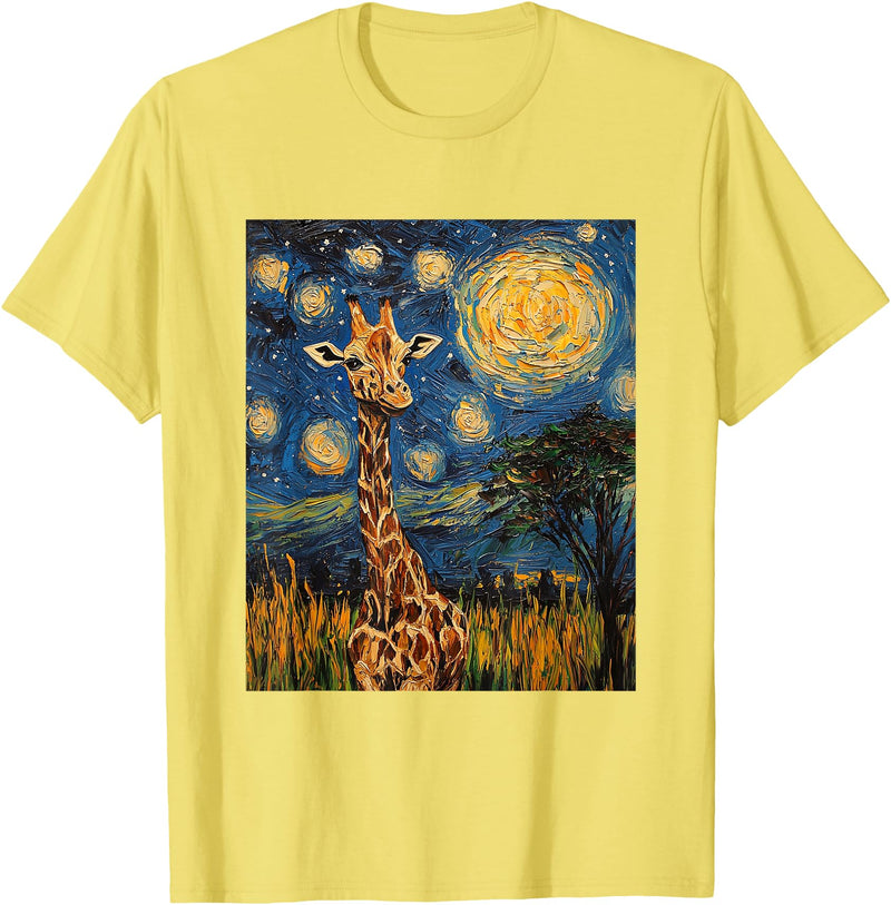 Giraffe Designs. Giraffe Africa Van Gogh Style Starry Night Cute Graphic T-Shirt - Lemon Yellow