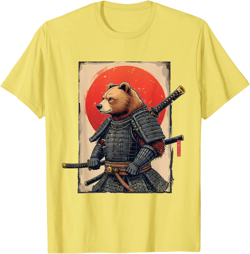 Japanese Samurai Bear Woodblock Art Samurai Brown Bear Ukiyo-e Ink Warrior Art Japanese Bear Art T-Shirt - Lemon Yellow