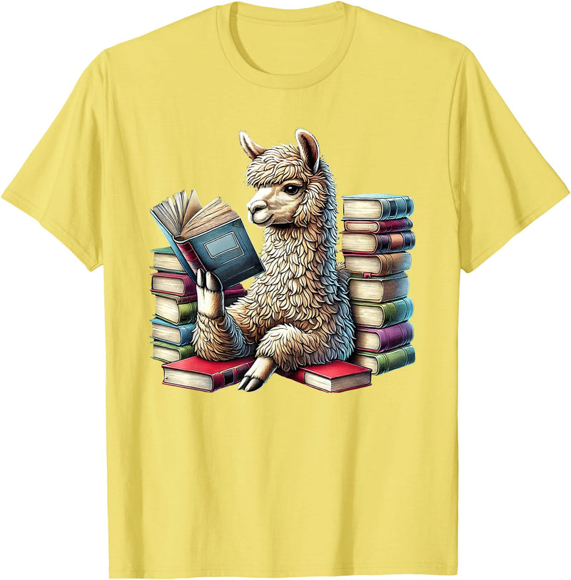 Llama Book Lover Llama Reading Book Reader Bookworm Alpaca Lover T-Shirt - Lemon Yellow