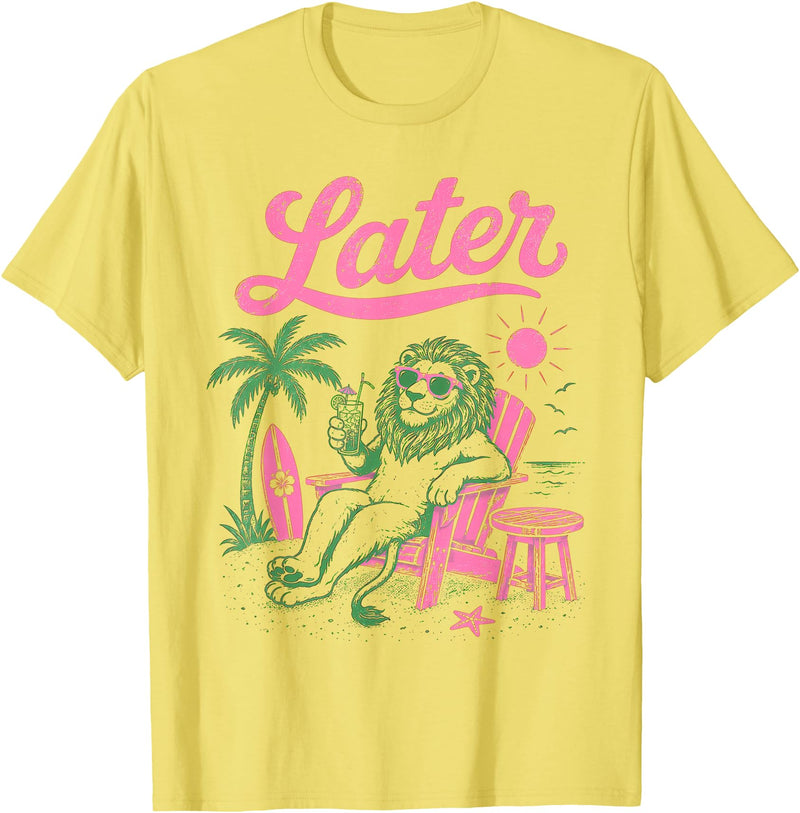 Later Animal Summer Teacher Student Kids Tees Lion School's Out for Summer Teacher Student Men Women T-Shirt - Lemon Yellow