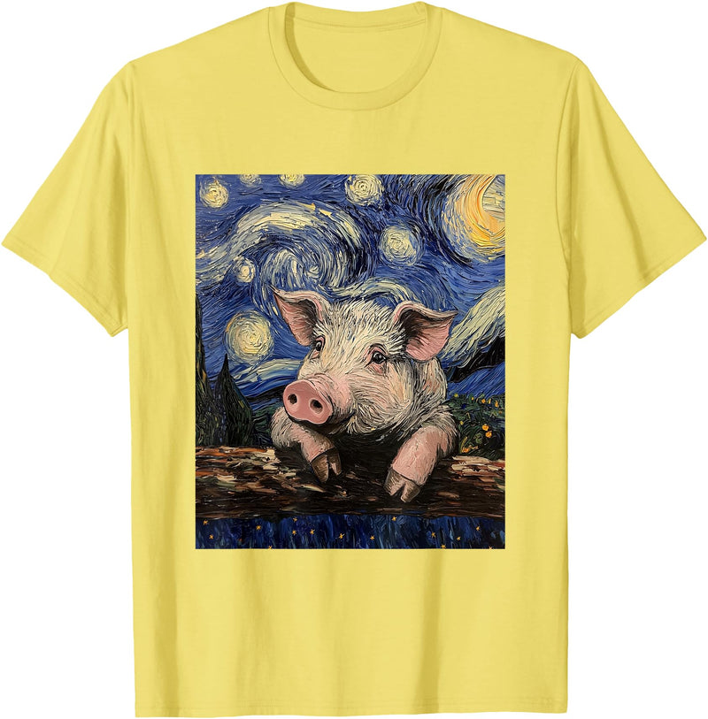 Cute Pigs Designs. Cute Pig Funny Van Gogh Style Starry Night Graphic T-Shirt - Lemon Yellow