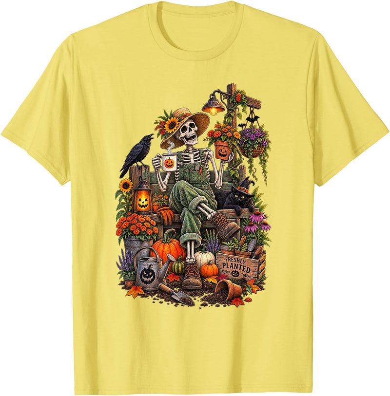 Halloween Gardening Lover Apparel & Gifts Outlet Freshly Planted Skeleton Gardener Halloween T-Shirt - Lemon Yellow