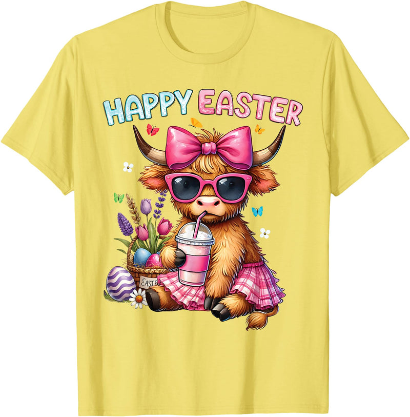 Farm Animal Highland Cow easter Gifts Happy Easter Day Highland Cow Cute Holiday Bunny Women Kids T-Shirt - Lemon Yellow
