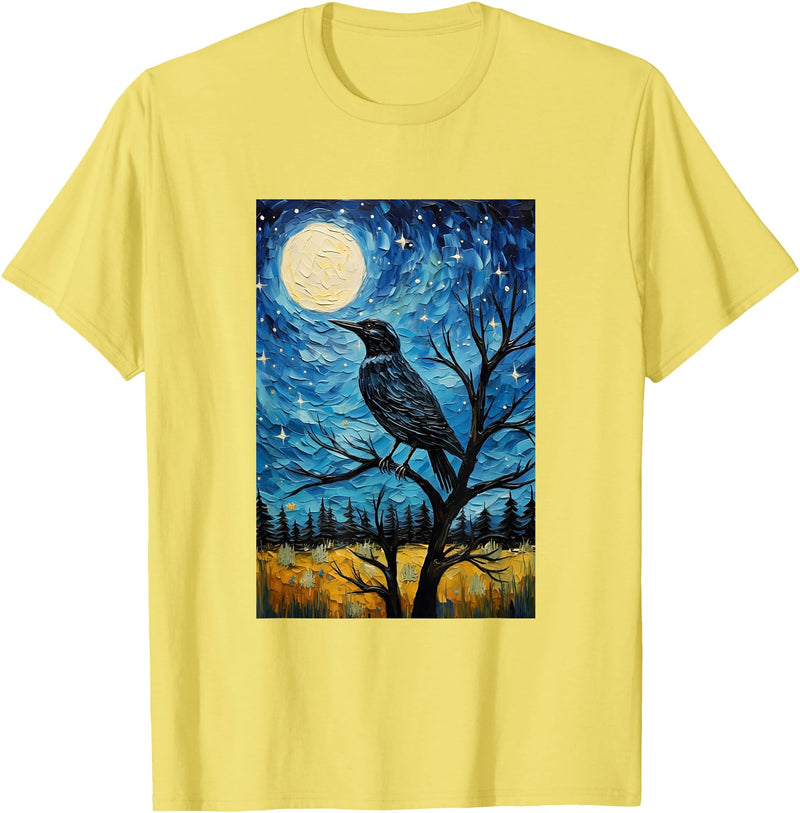 Bird Designs. Magpie Crow Raven Bird Van Gogh Style Starry Night Graphic T-Shirt - Lemon Yellow