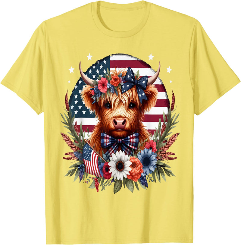 Funny July 4th Highland Cow Farm Lovers Gift Ideas Cute Highland Cow Florals 4th of July USA Flag Patriotic T-Shirt - Lemon