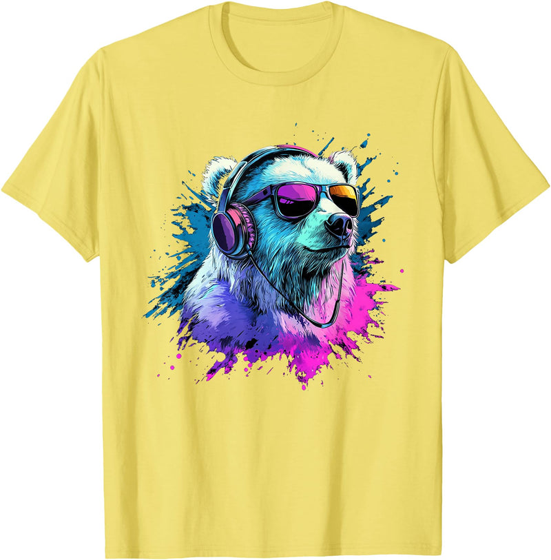 Colorful Artistic Polar Bear Animal Motifs Polar Bear Colorful Music Headphones Artistic Polar Bears T-Shirt - Lemon Yellow