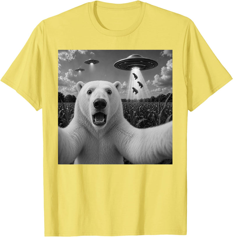 Retro Polar Bear Selfie with UFOs Meme Polar Bear Selfie with UFO Alien Funny T-Shirt - Lemon Yellow