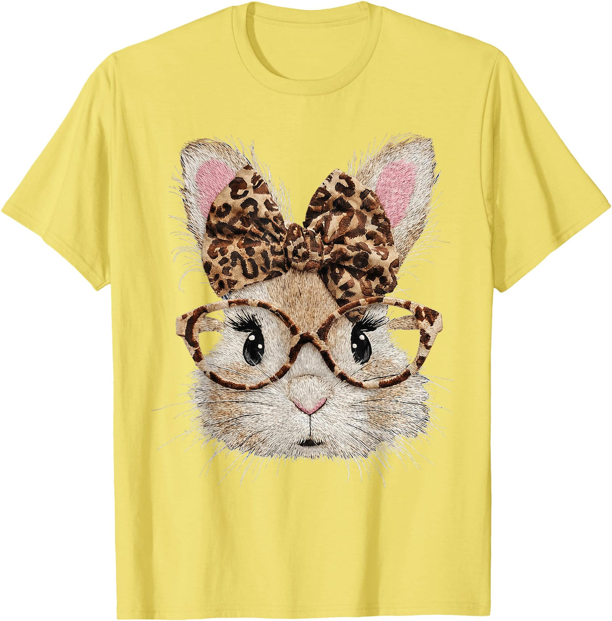 Cute Bunny Rabbit Face Leopard Coquette Bow Glasses Easter T-Shirt in Lemon Yellow