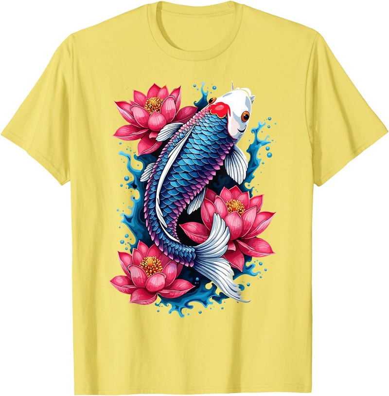 Funny Koi Fish Lover Koi Fish Lotus Flower Japanese Art T-Shirt - Lemon Yellow