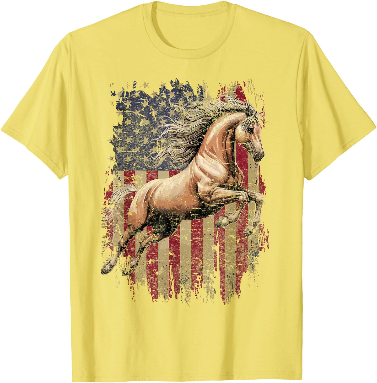 USA Flag Horse Lover Horse American Flag USA 4th of July Horses T-Shirt - Lemon Yellow