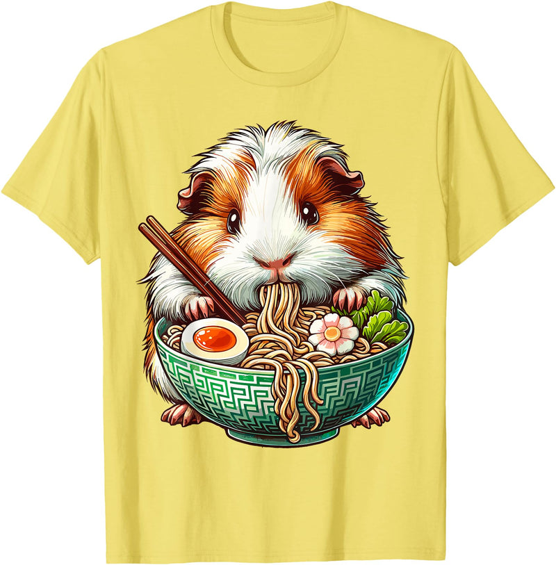 Cute Guinea Pig Gifts Guinea Pig Eating Ramen Japanese Noodles T-Shirt - Lemon Yellow