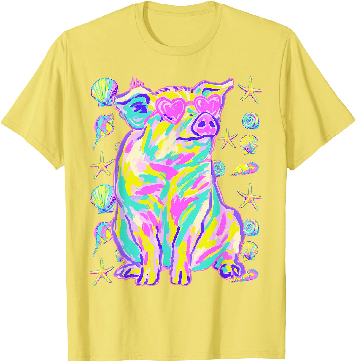 Coastal Summer Animals Beach Art Cute Pig with Hearts Sunglasses Seashells Coastal Summer T-Shirt - Lemon Yellow