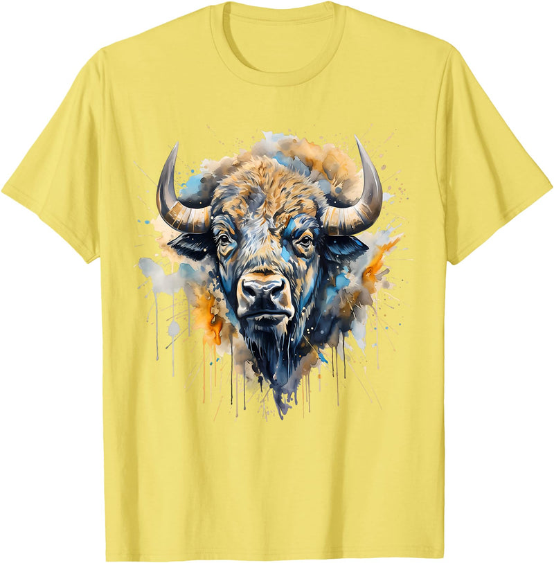 Safari Animal Art Buffalo Portrait Colorful Splash Artwork Wildlife Bison T-Shirt - Lemon Yellow
