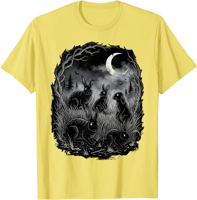 Midnight Woodland Rabbit Art Apparel Graphic Tees Creepy Black Rabbits Moonlit Forest Gothic Horror Halloween T-Shirt -