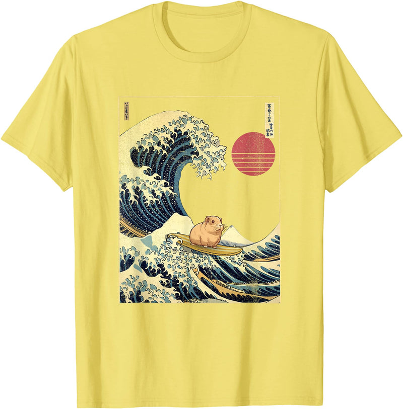 AxisNagawa Guinea Pig Kanagawa Wave Funny Surf Animal T-Shirt - Lemon Yellow