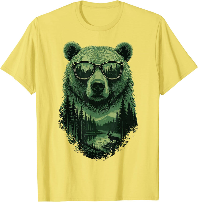 Bear Wildlife Deer Campfire Nature Apparel Bear Sunglasses Wildlife Deer Campfire Nature Vintage Forest T-Shirt - Lemon Yellow